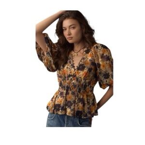 NWT Anthropologie Peplum Floral Blouse Puff Sleeve Sheer Blouse Size XS